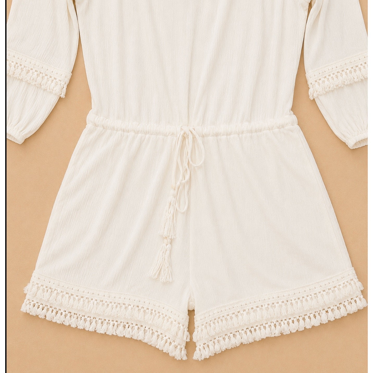 Davi & Dani White Off Shoulder Boho Romper Tassel Fringe Crochet Trim NWT M
