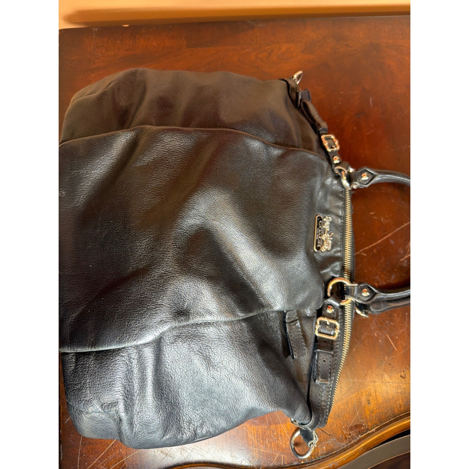 Coach Madison Black Leather Satchel Purple Lining Handbag 18641