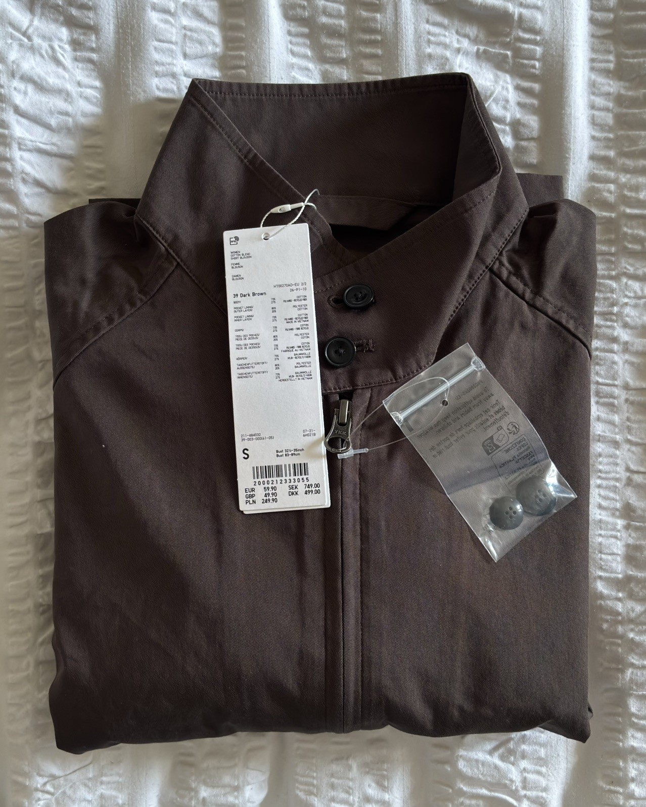 Uniqlo U Cotton Blend Short Blouson Size (S) Small 39 Dark Brown BNWT