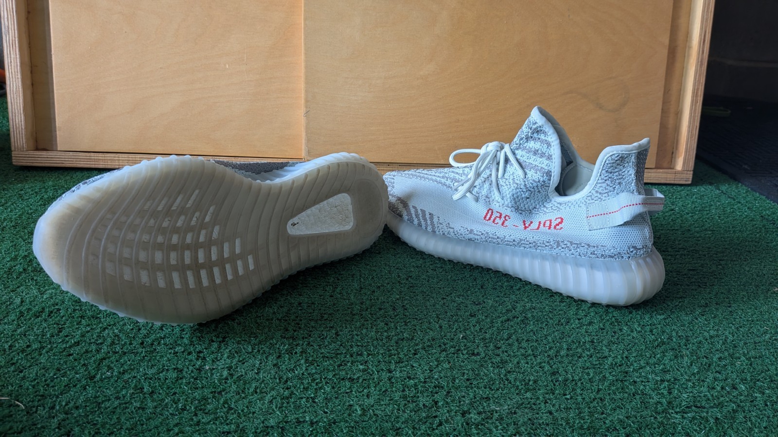 adidas Yeezy Boost 350 V2 Blue Tint Gray/White/Red Low Top Lace-Up Sneakers