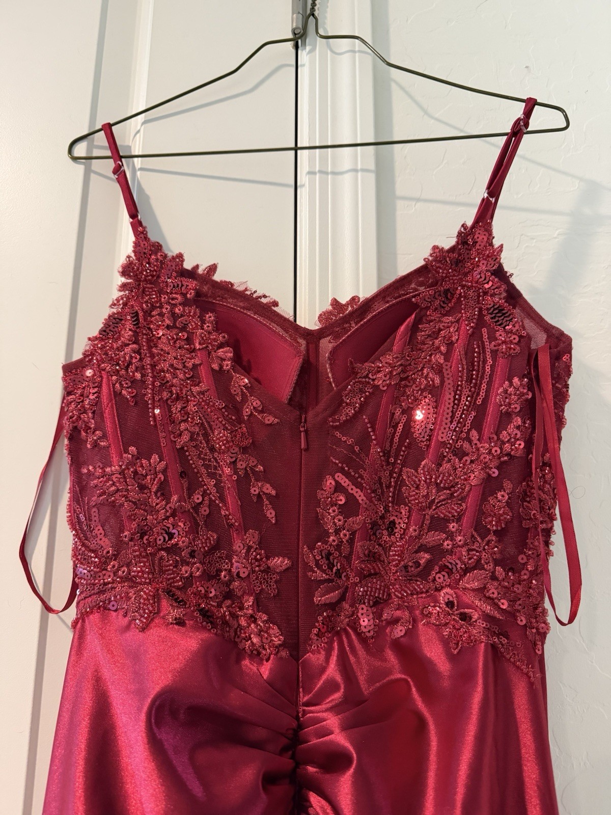 Ladivine by Cinderella Divine Red Satin Sequin Embroidered Mesh Formal Gown XS