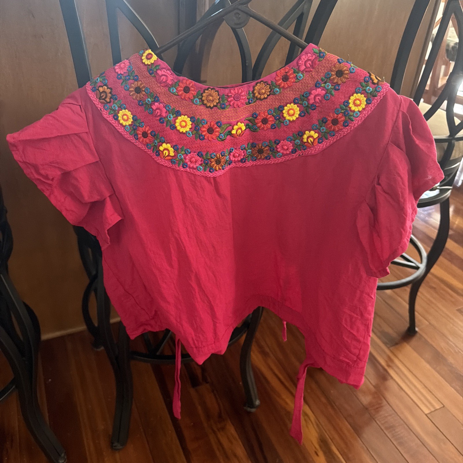 Mexico Embroidery top hot pink floral Peasant top cotton bright colorful L/XL