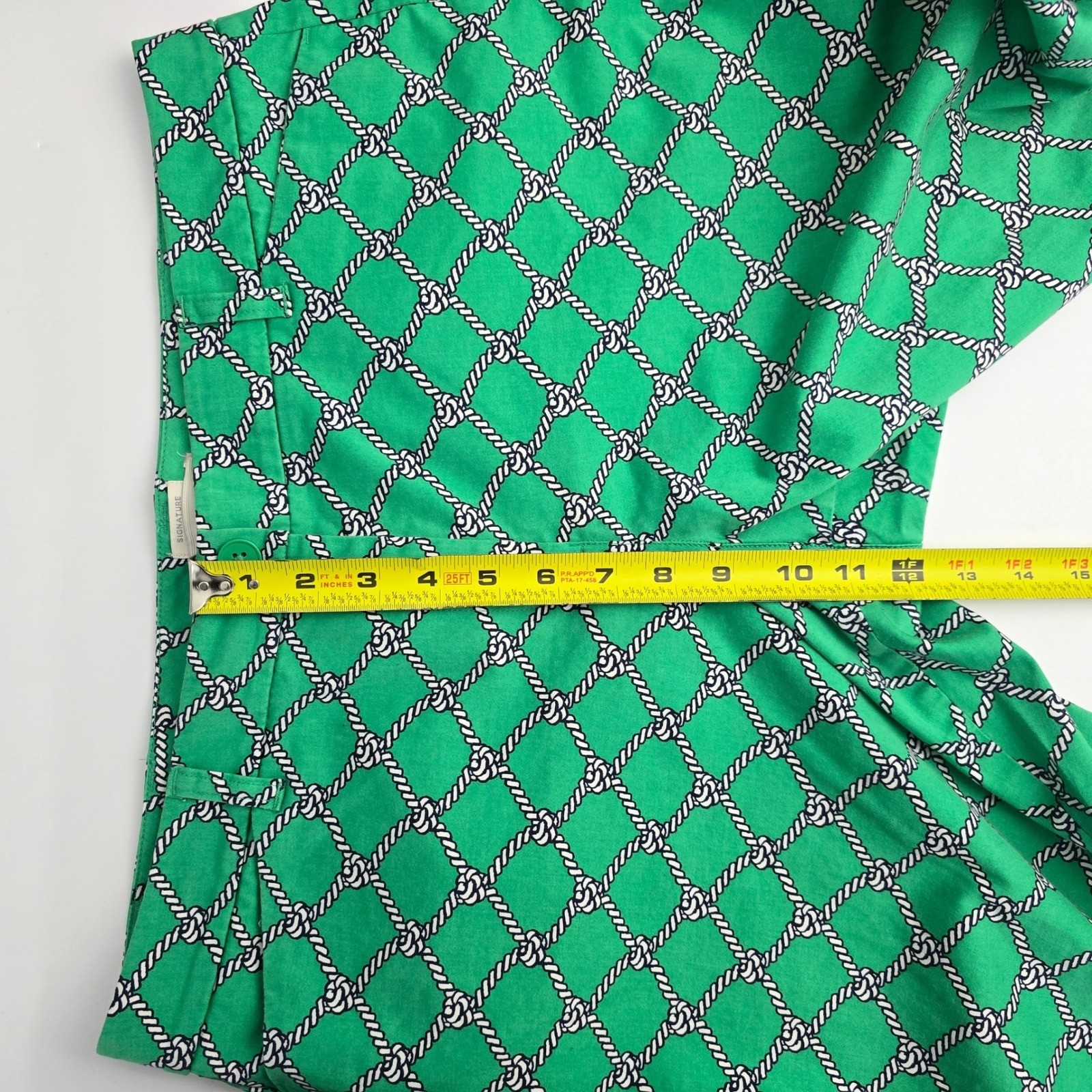 Talbots Petites Rope Print Slit Hem Zipper Button Closure Capri Pants Green 14P