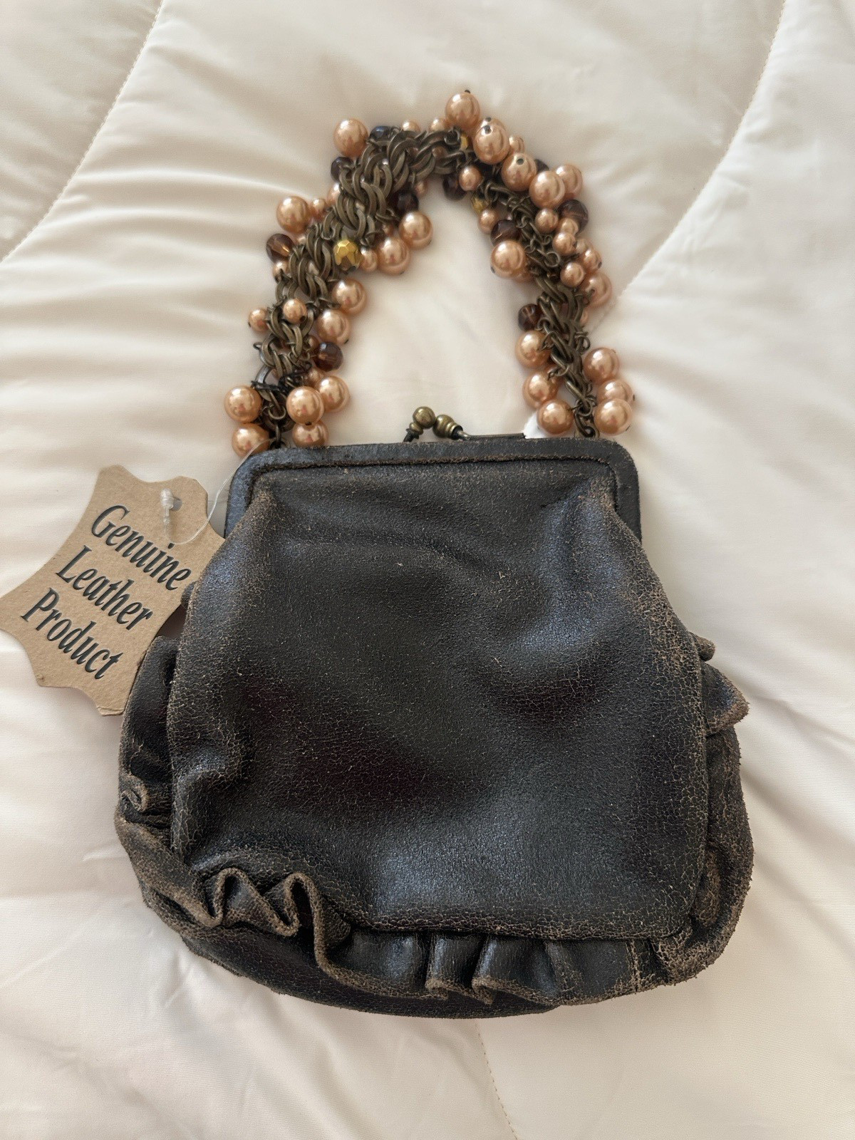 Distressed Leather Ruffled Women’s Bag Purse Handbag Brown 6x6x2
