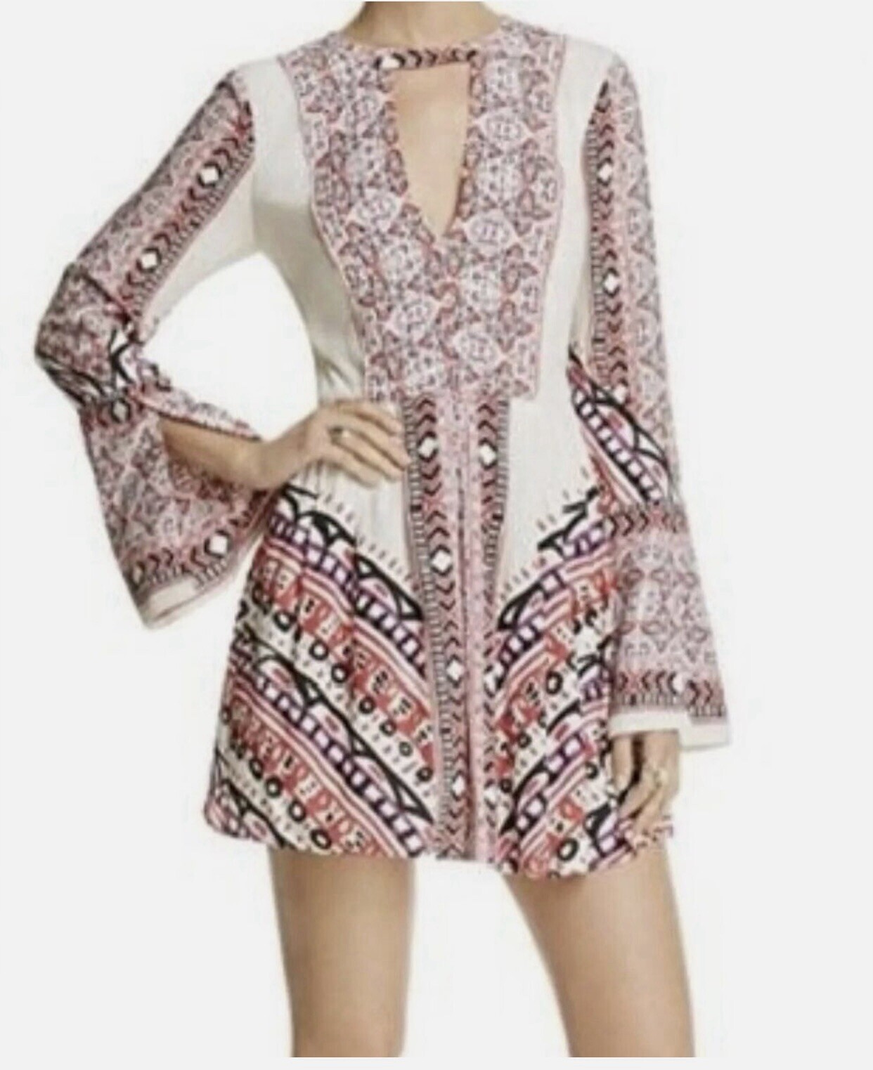 Free People Tegan Border Print Keyhole Mini Dress Size 2 Boho Summer Chic $108