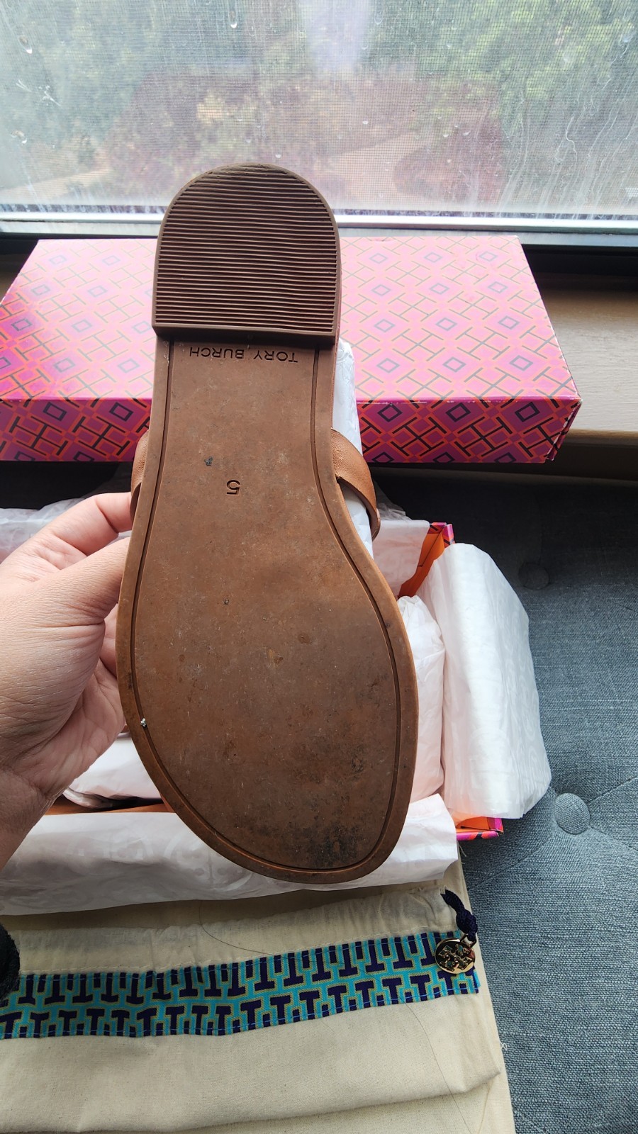 Tory Burch Miller Women’s Leather Thong Slip-On Sandals Brown Logo US 5