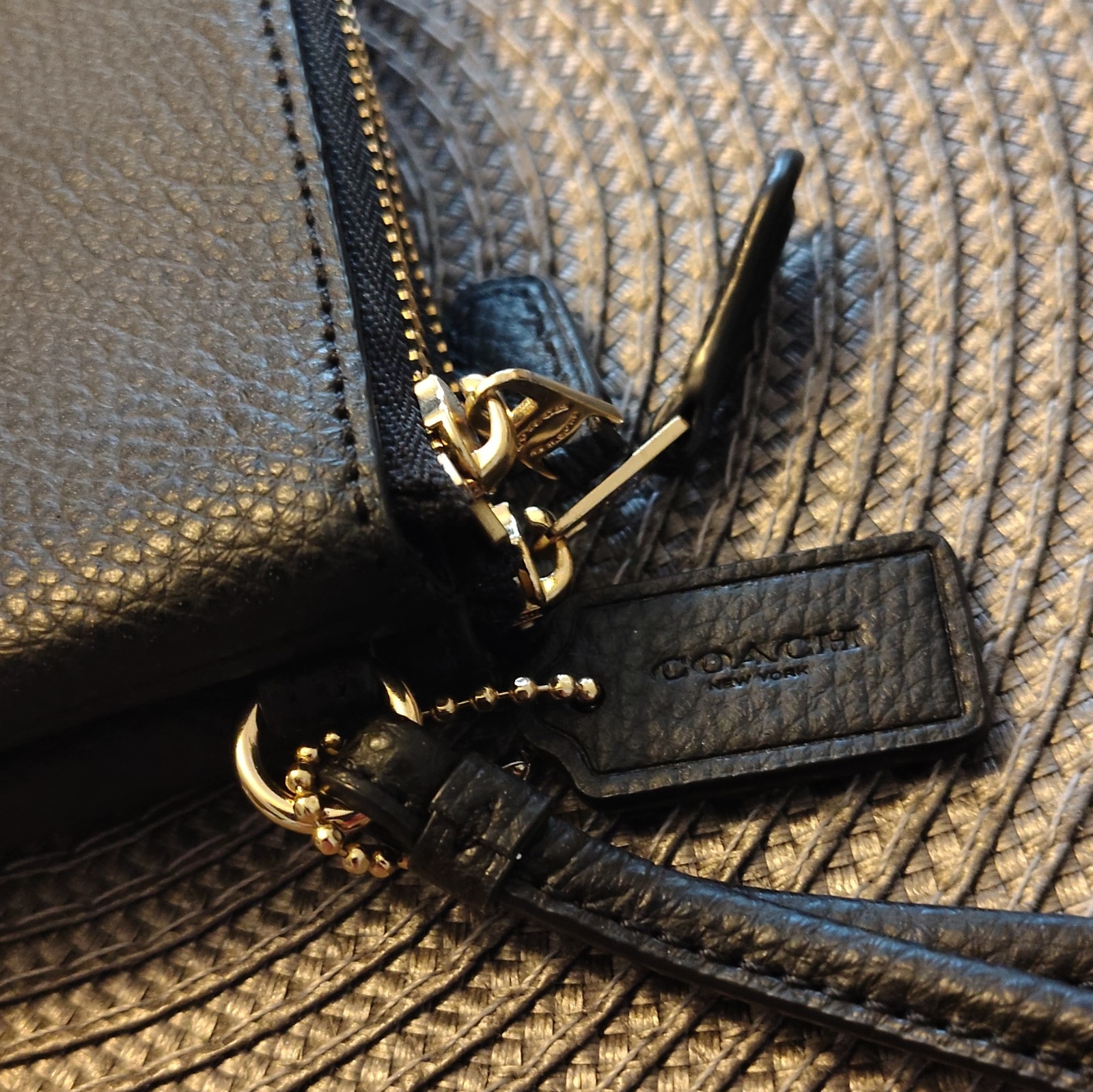 Coach Black Pebbled Zip Wristlet Pouch w/ Strap, Gold Hardware