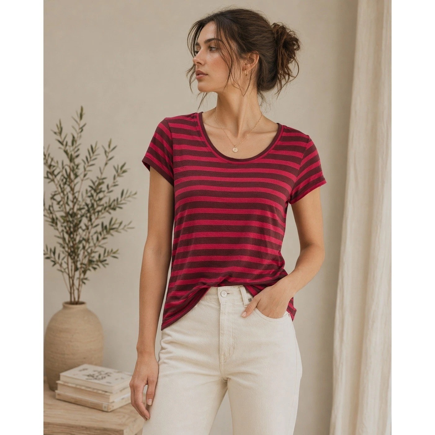 CABI Sweet Talk Peplum Tee Short Sleeve Garnet Stripe Sz S #3631 EUC