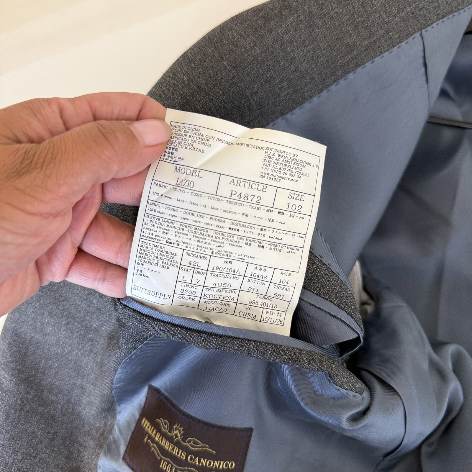 Suitsupply Vitale Barberis Canonico Wool Suit Jacket Tailored Gray Lazio – 42L