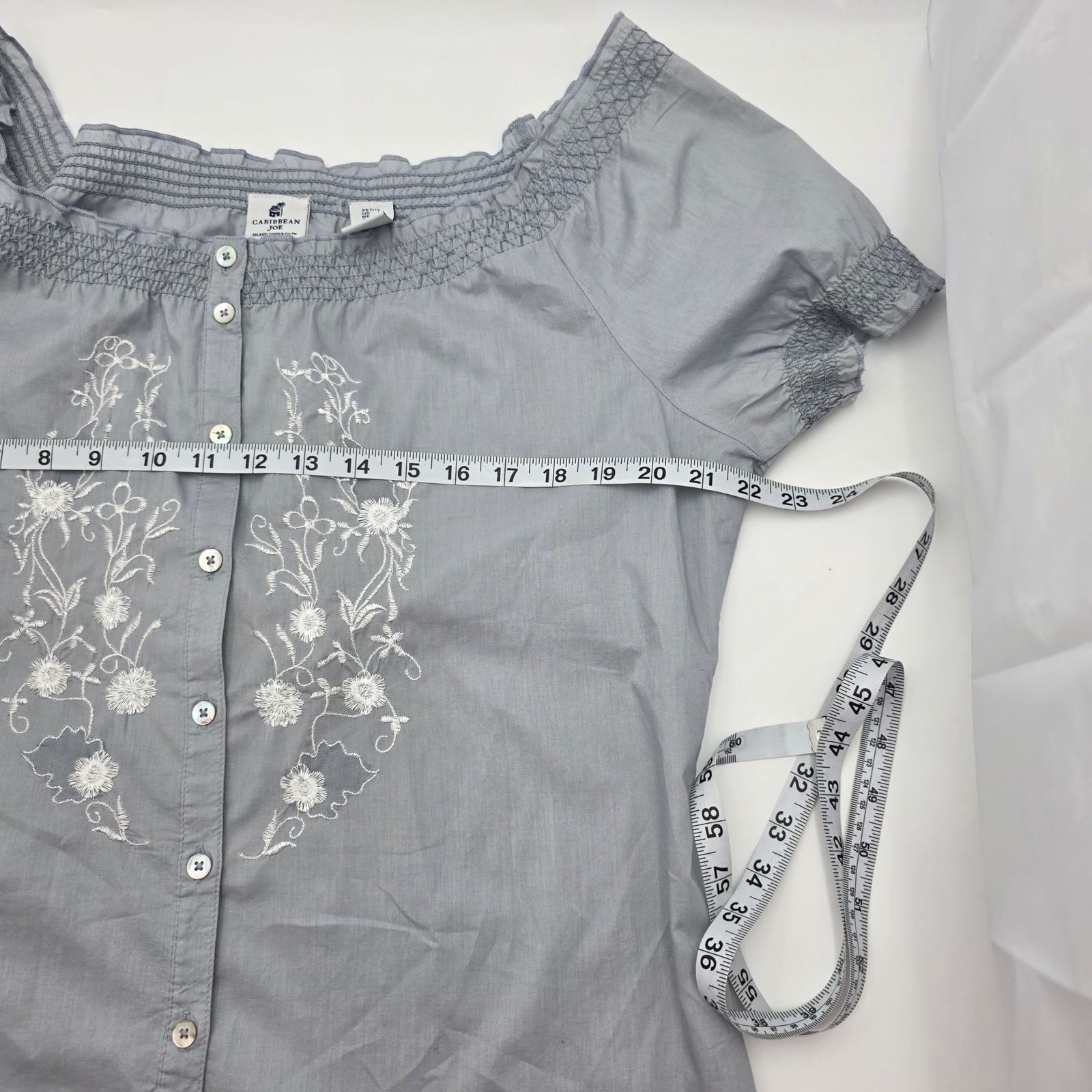 Caribbean Joe Petite L Gray Embroidered Cotton Peasant Blouse Boho Top