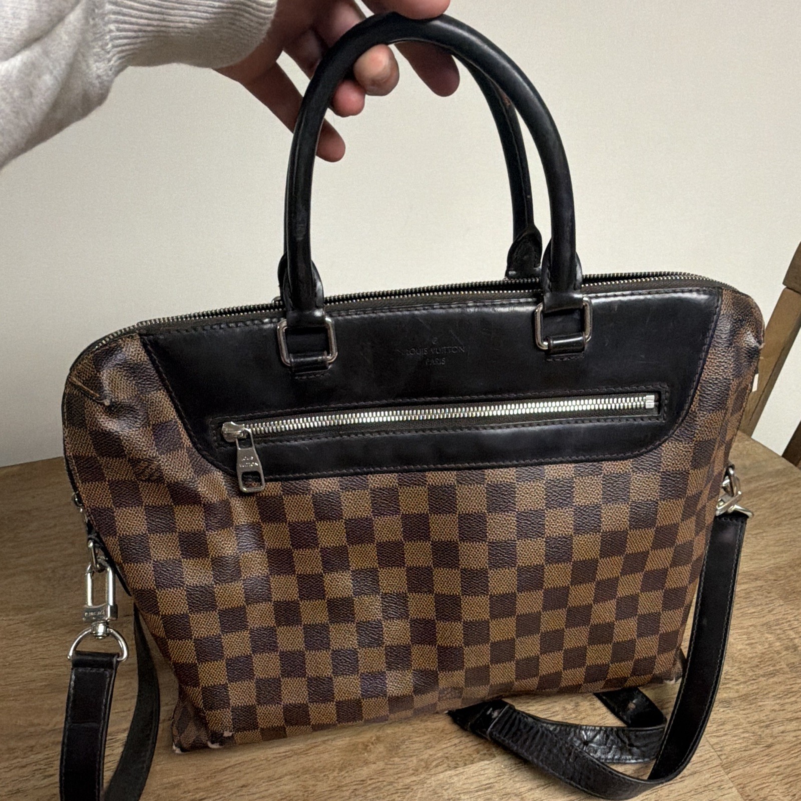 Louis Vuitton Damier Satchel Top Handle Bag Zip w/ Detachable Strap Brown/Black