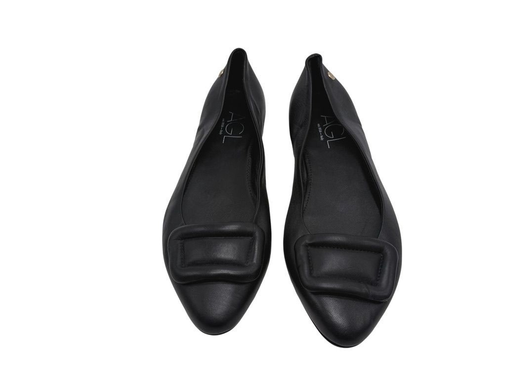 AGL Lolita Black Leather Flats Padded Buckle & Gold Logo Accent Women 38