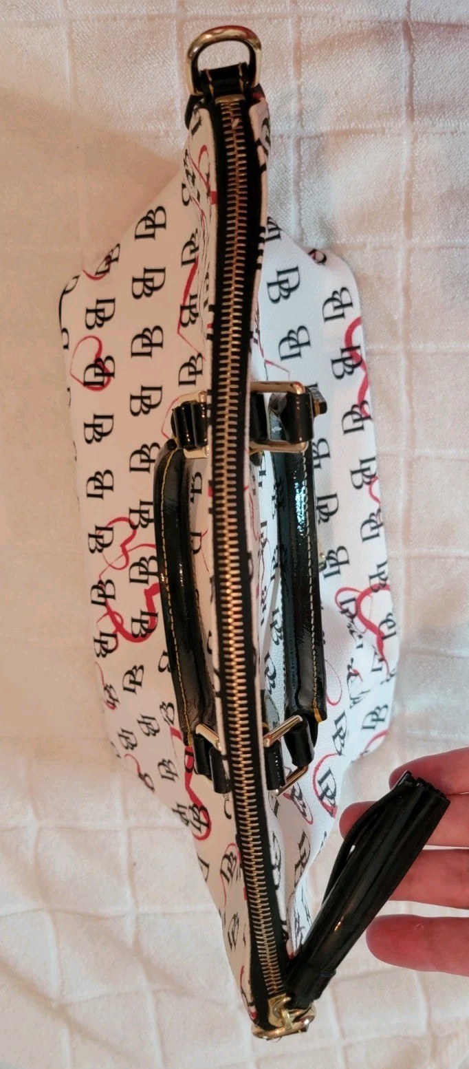 Dooney & Bourke DB Heart Print Satchel White Black Red Coated Canvas Bag