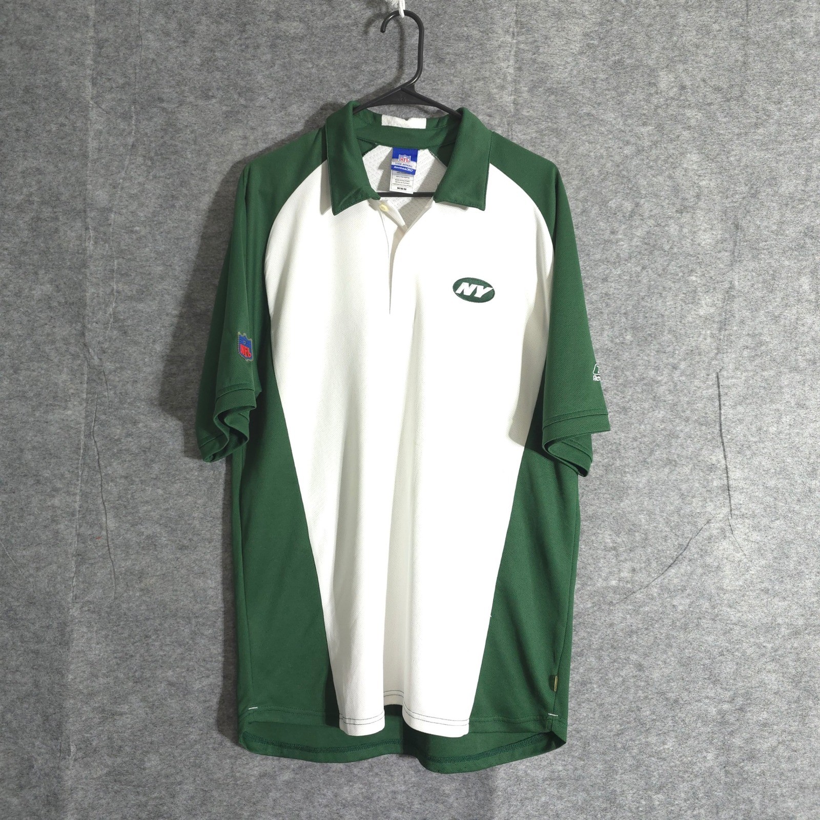 New York Jets Reebok Polo Shirt Mens Medium Football Green White NFL Sports Logo