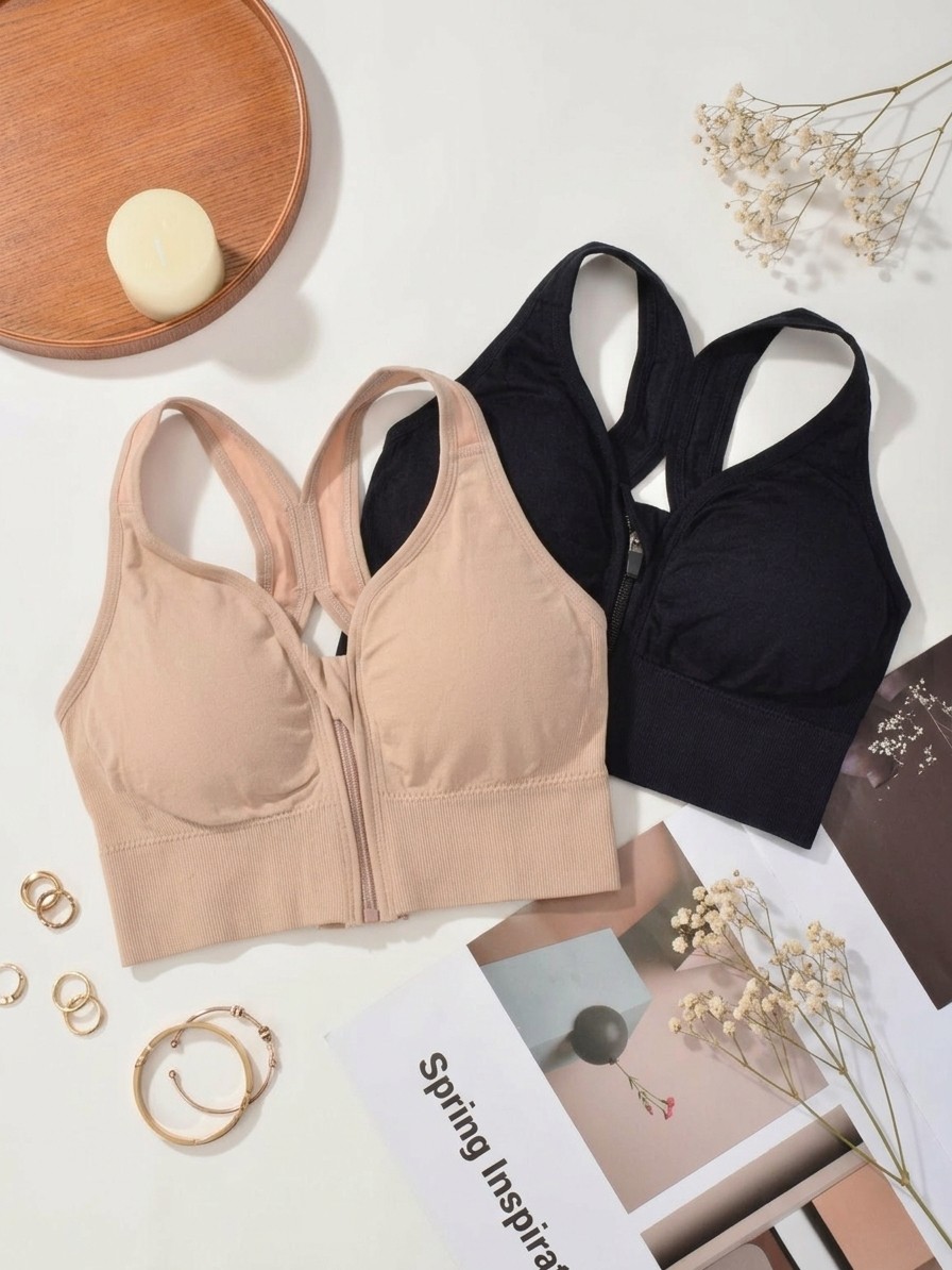 2Pcs High Support Sports Bras Front Zipper Racerback Workout Tops