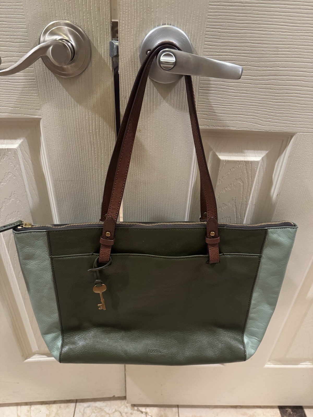 FOSSIL Eco Leather Rachel Tri-Toned Sage Green Shoulder Carry Tote Handbag