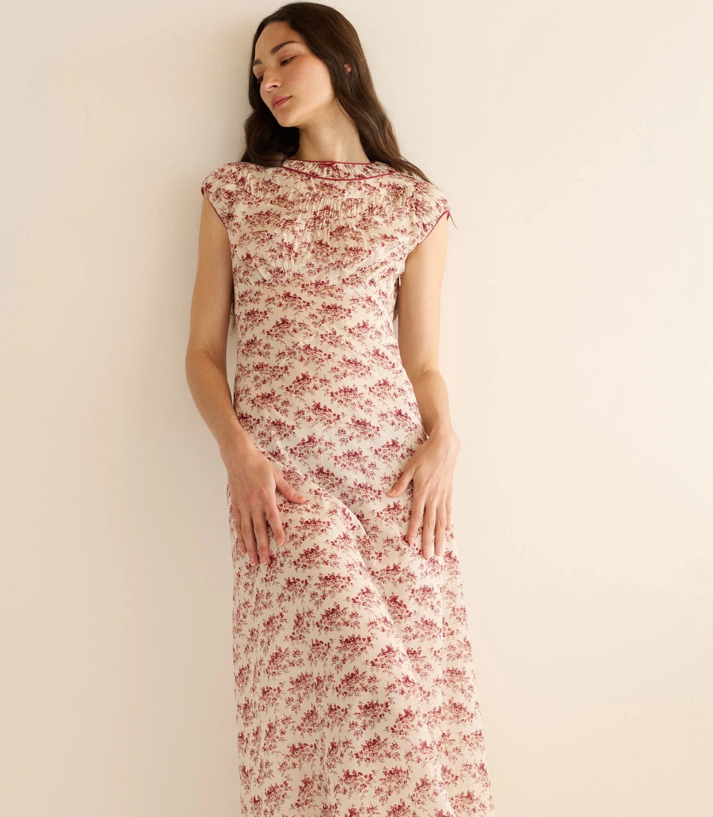 Doen Raphaela Ivory/Red Floral Maxi Long Dress Ruffle Trim XXS