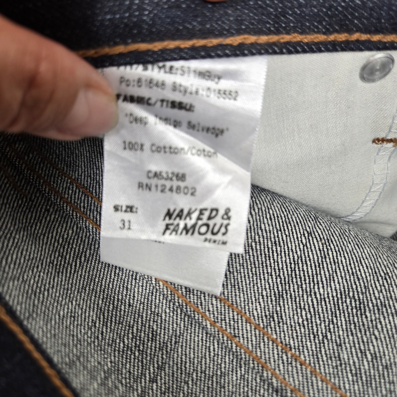 Naked & Famous Slim Guy Deep Indigo Selvedge Jeans 31×30 NWOT Hemmed