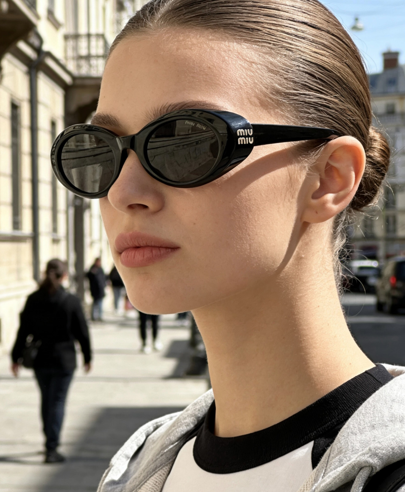 Miu Miu MU B09S 16K08Z Oval Sunglasses in Black /Gray Lens 100% UV