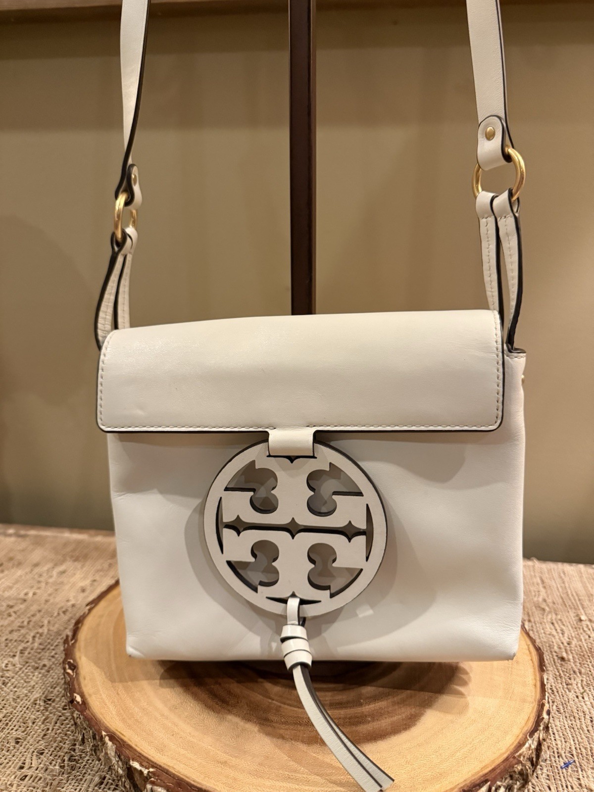 Tory Burch Miller Logo Leather Flap Crossbody Birch White Brushed Gold 398$