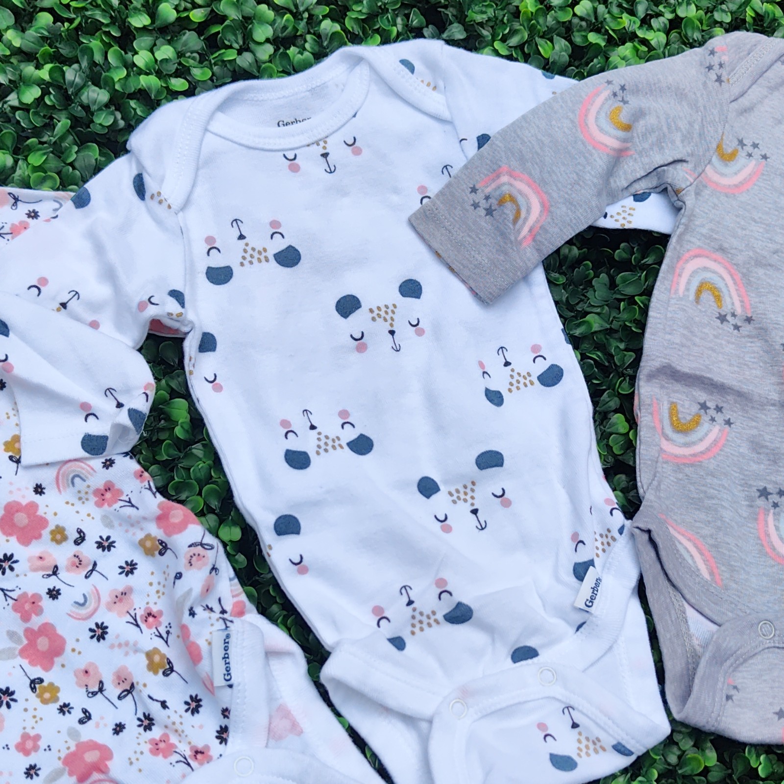 Gerber Unisex 0-3M 3pc Long Sleeve Cotton Onesie Bodysuits Floral Rainbow