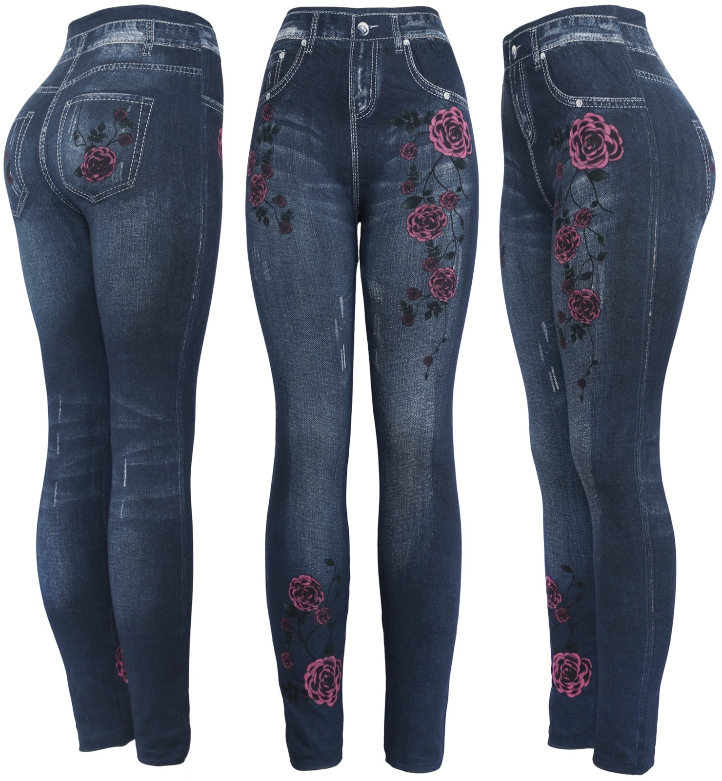 Women’s Denim Print Fake Faux Jeans Leggings Pants