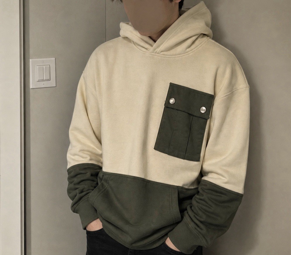 WeSC Men’s Colorblock Pullover Hoodie Cream Olive Green Fleece Size M
