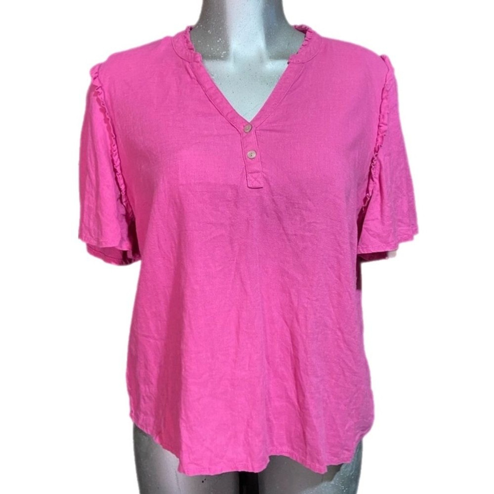 QVC Linen Candace Cameron Bure Blouse Top Size Medium Ruffle V-Neck Henley Pink