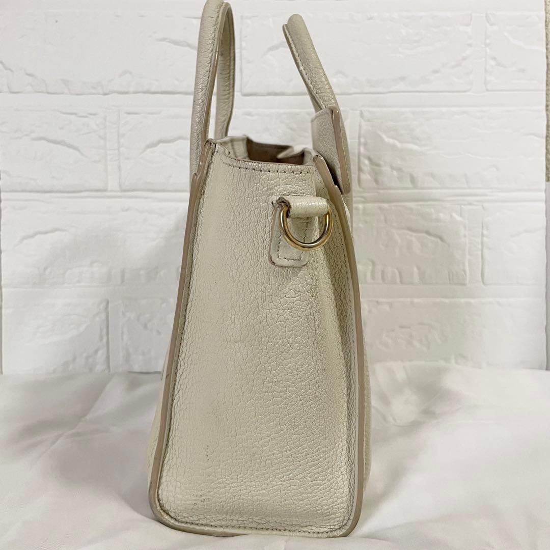 Celine Luggage Nano Shopper Handbag Drummed Calfskin White 7.87 With Strap
