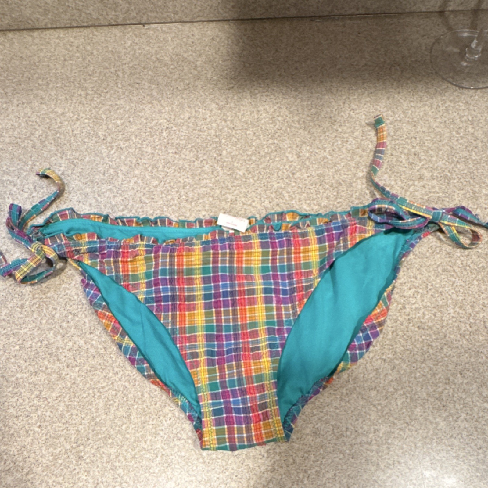Xhilaration Plaid Side Tie Bikini Swim Bottom Multicolor Turquoise Lined L