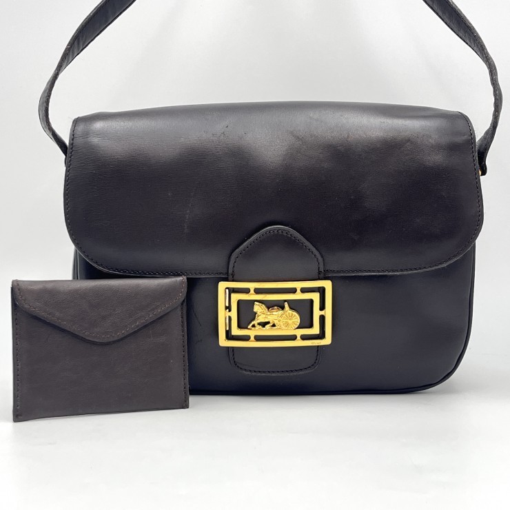 CELINE Vintage Horse Carriage Leather Shoulder Bag Dark Brown
