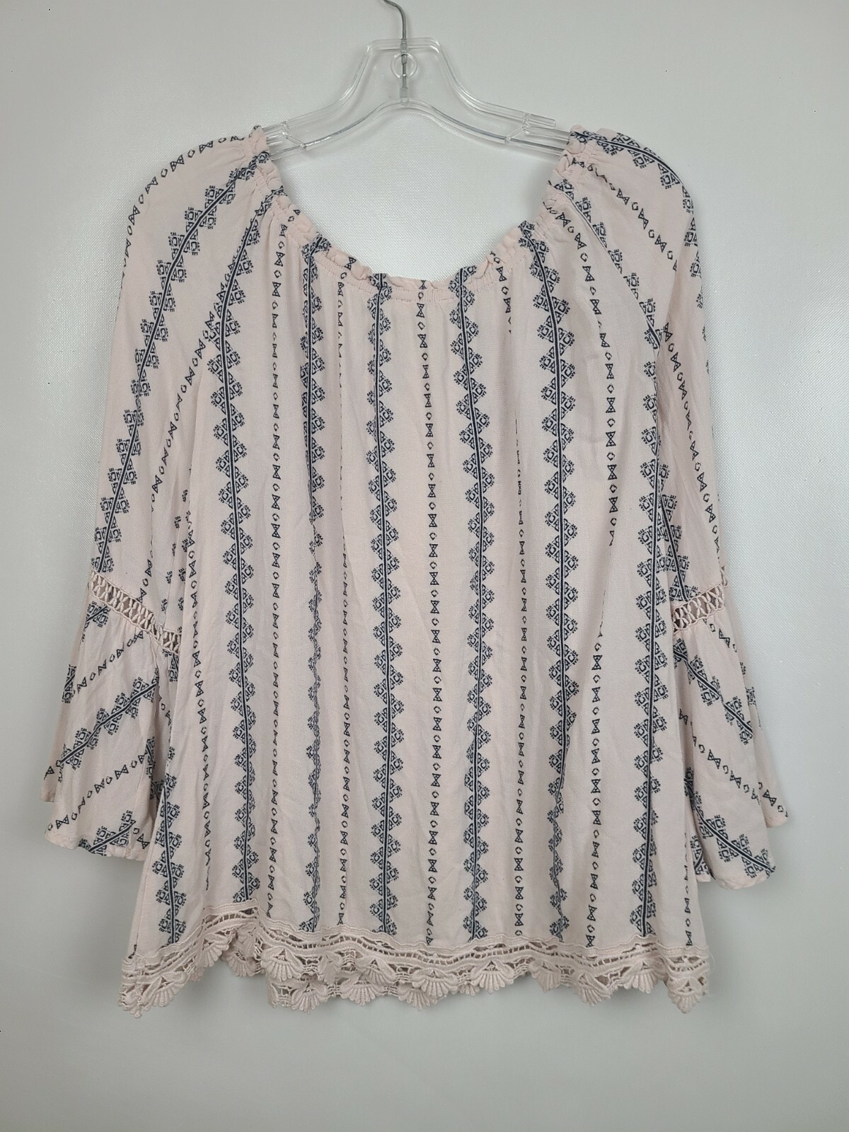 Blu Pepper BOHO Cottagecore Top Large Pale Pink Printed Crochet Bell Sleeve