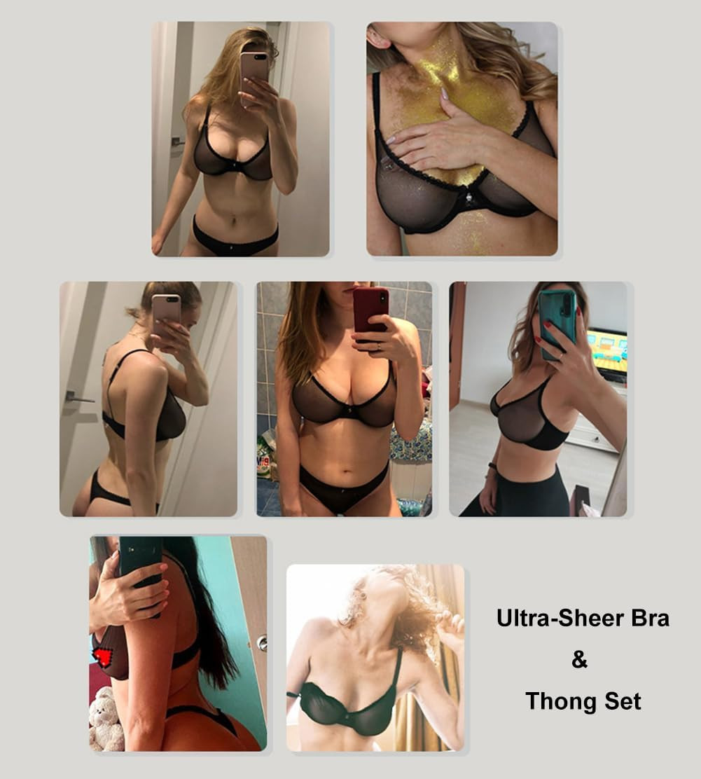Women’S See through Sheer Mesh Unlined Underwire Everyday Bra and Panties