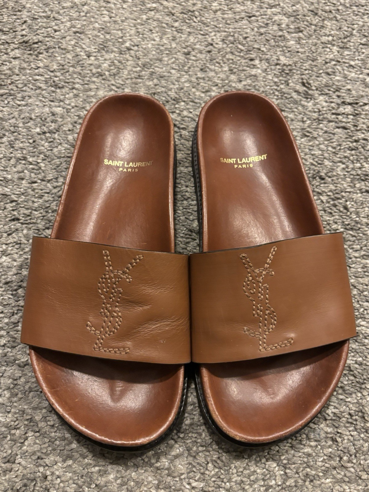 Yves Saint Laurent Joan YSL Monogram Leather Slide Sandal Women Size 35 US 5