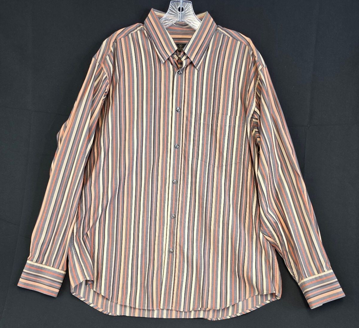 Bugatchi Uomo Large Striped Cotton Button-Up Shirt in Orange, Gray, and Beige
