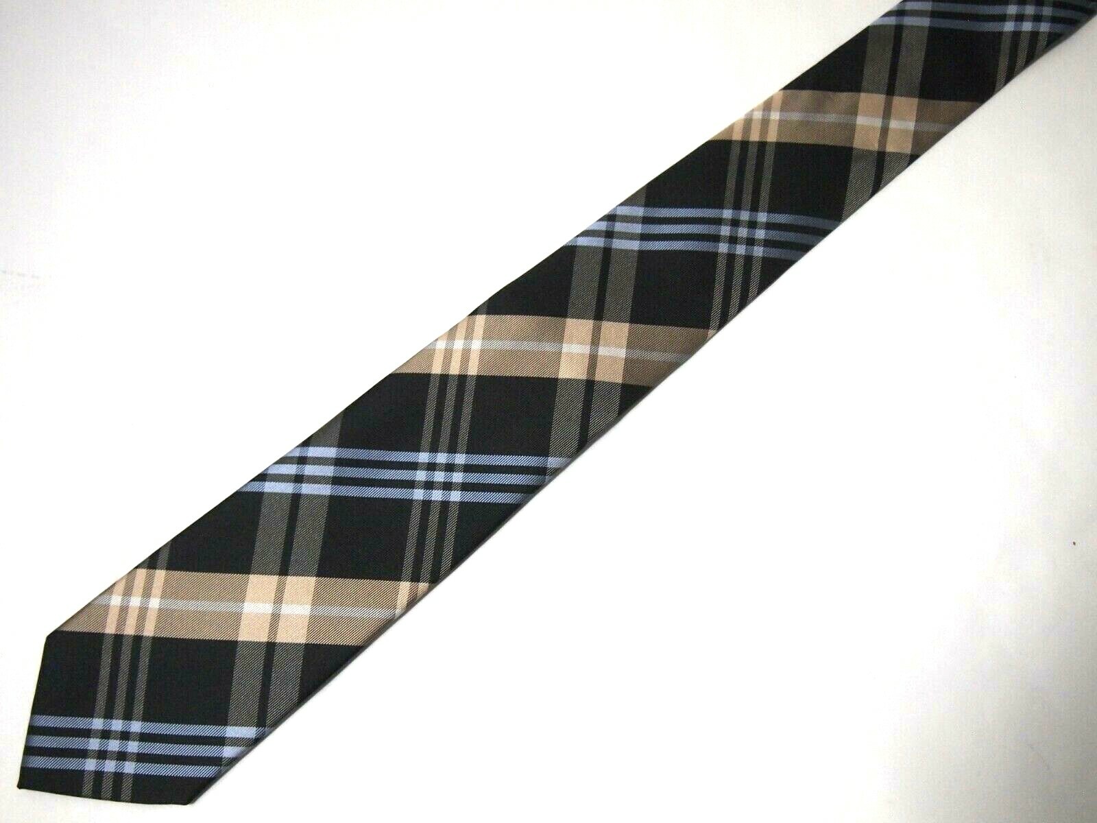 Bill Blass Mens Necktie Tie Black Blue Beige Plaid 58″