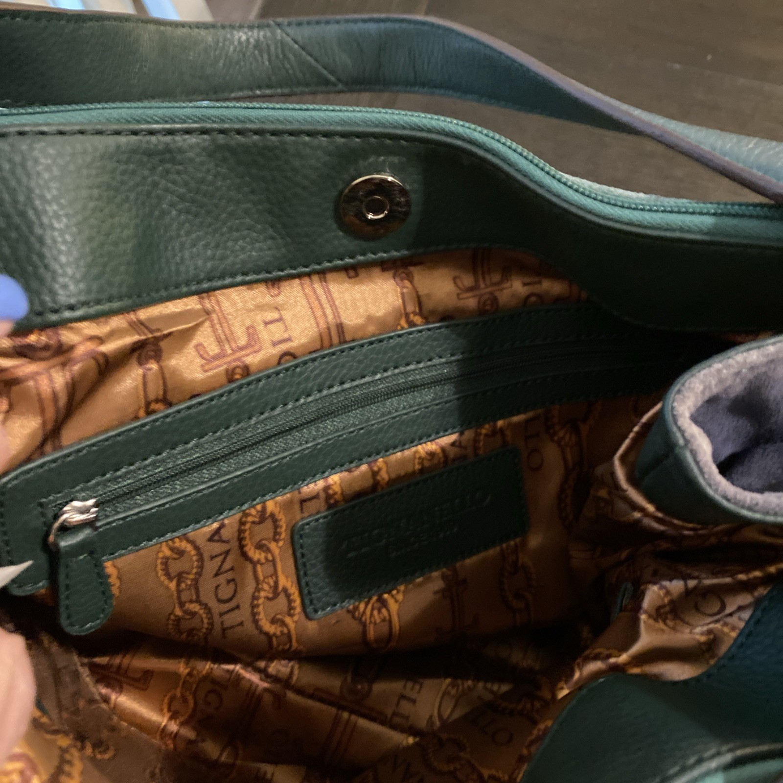 Tignanello Green Suede Leather Purse Shoulder Bag Zip Close Double Straps