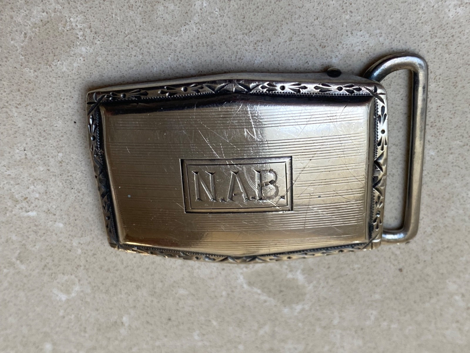 Vintage Sterling Silver Belt Buckle Engraved Edging and Initials N.A.B.