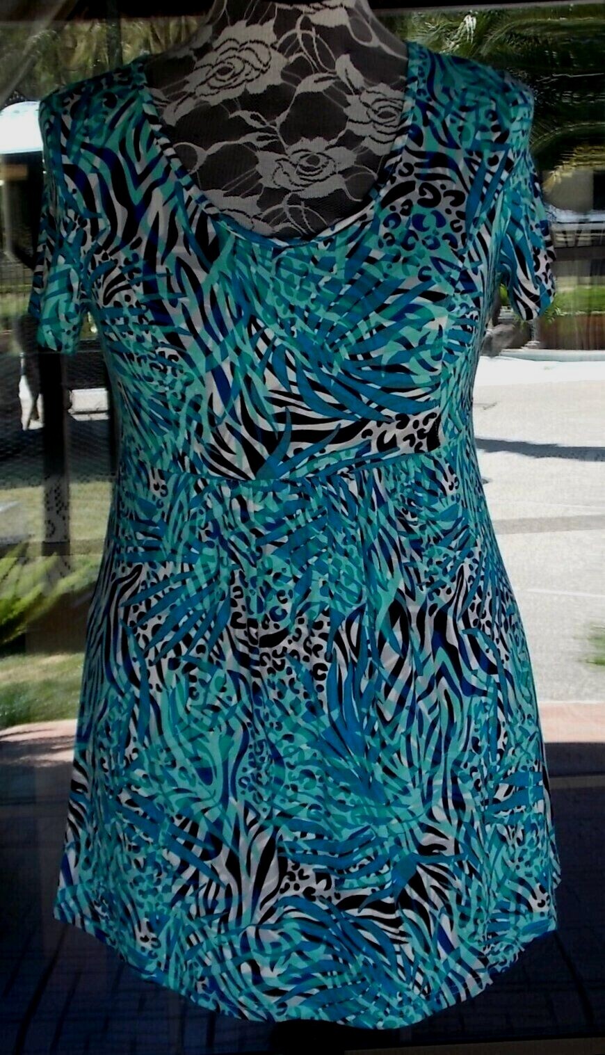 Tropical Animal Print Empire Waist Long Tunic Shirt Or Dress Sz. L 40-44″ Bust