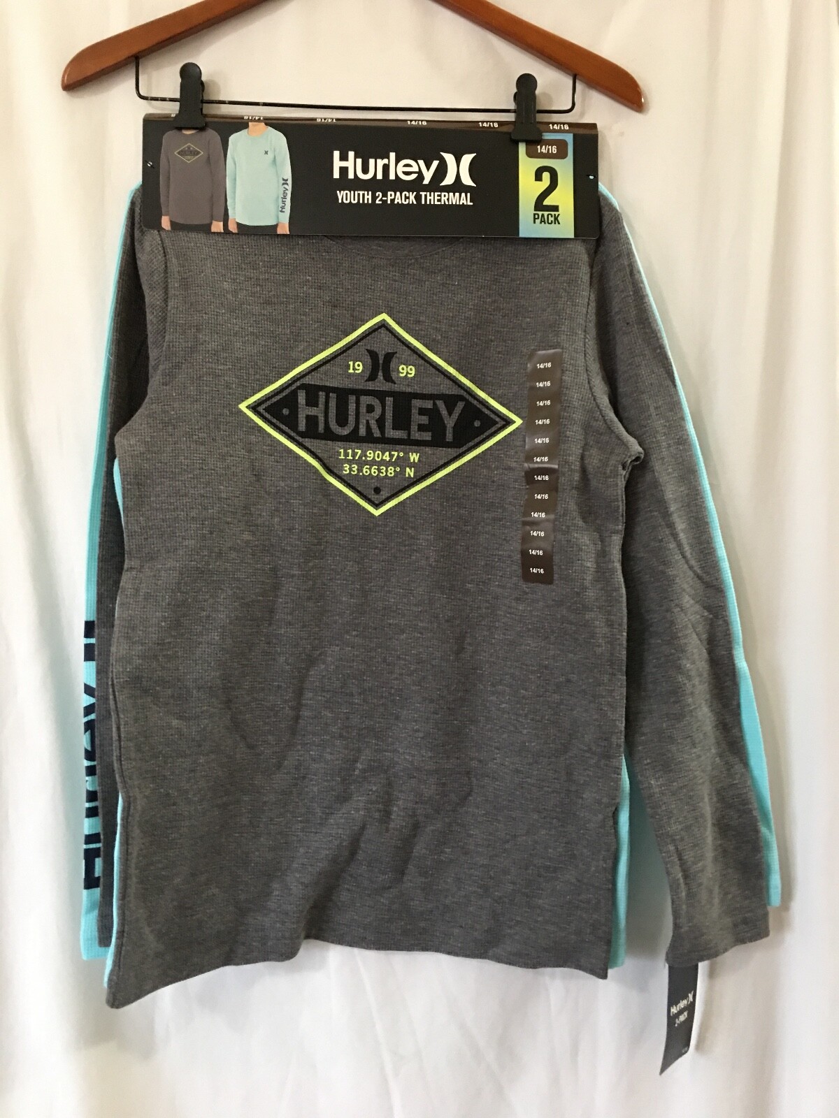 Hurley Boy’s 2-Pack Thermal Crew Neck Long Sleeve T-Shirts 14/16 NEW