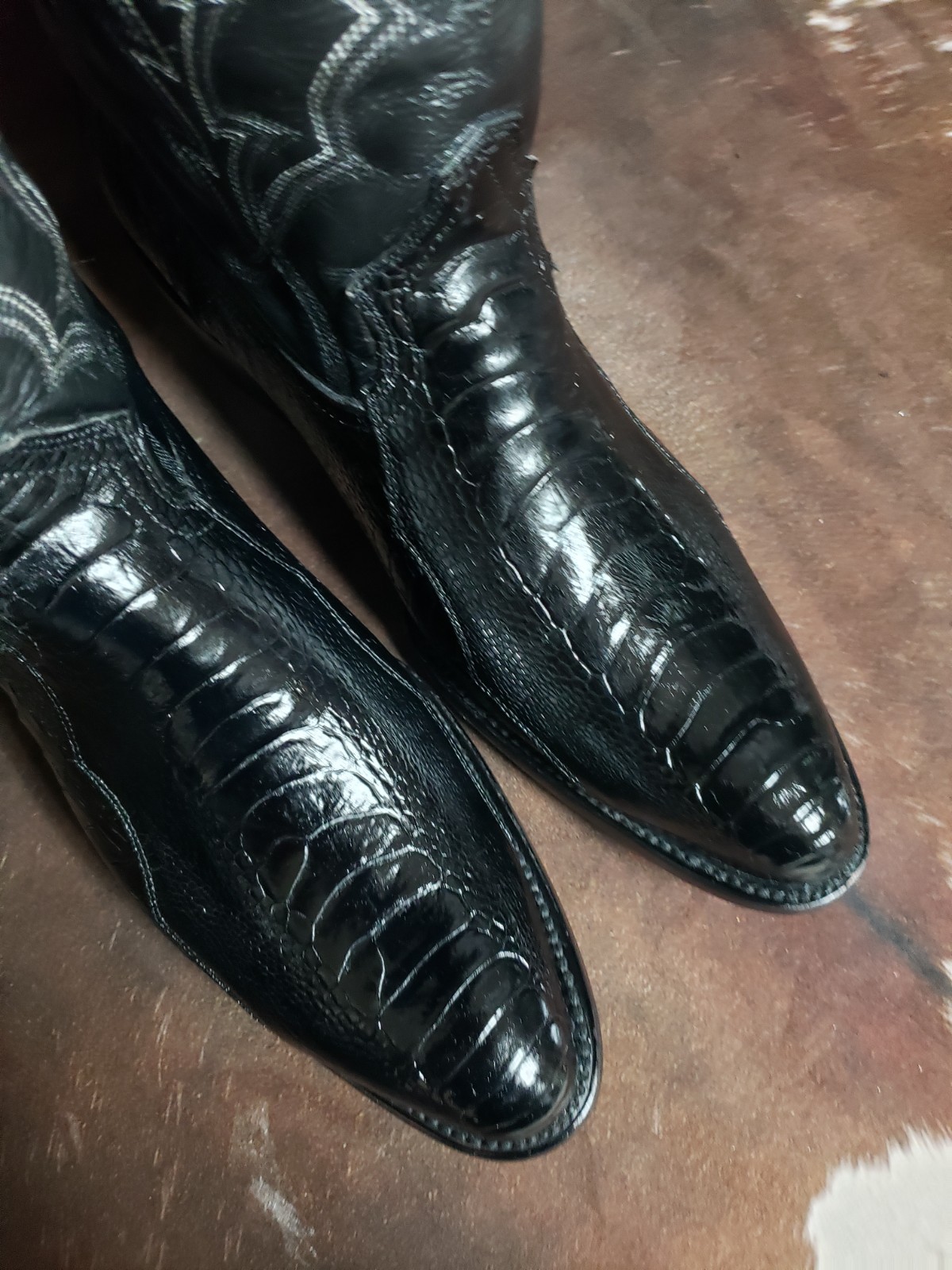 J Chisholm Vintage Genuine Ostrich Leg Black Western Cowboy Boots Mens 12 EE