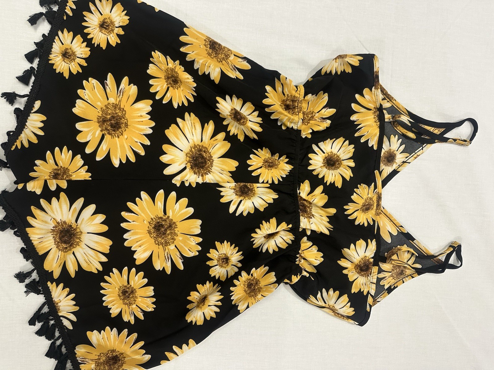 Black Yellow Daisy Floral Romper/Playsuit Tassel Hem V-Neck Straps Size 7