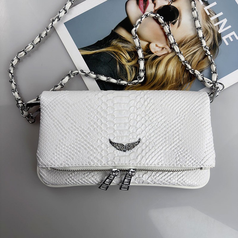 Zadig & Voltaire Rock Wing White Snake Embossed Leather Crossbody Bag 22x15cm