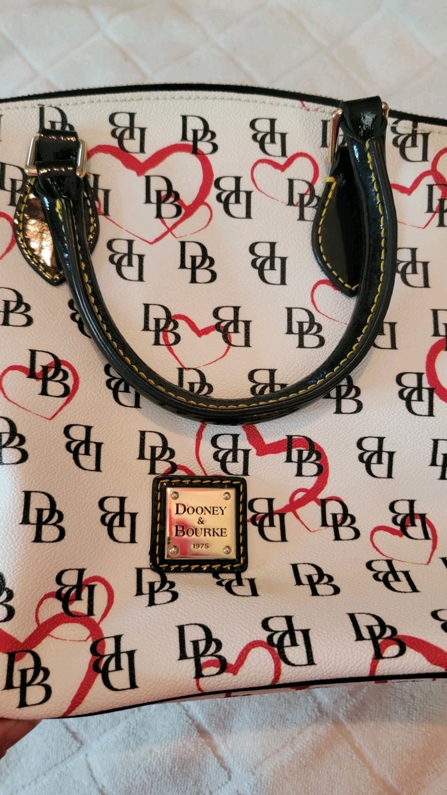 Dooney & Bourke DB Heart Print Satchel White Black Red Coated Canvas Bag