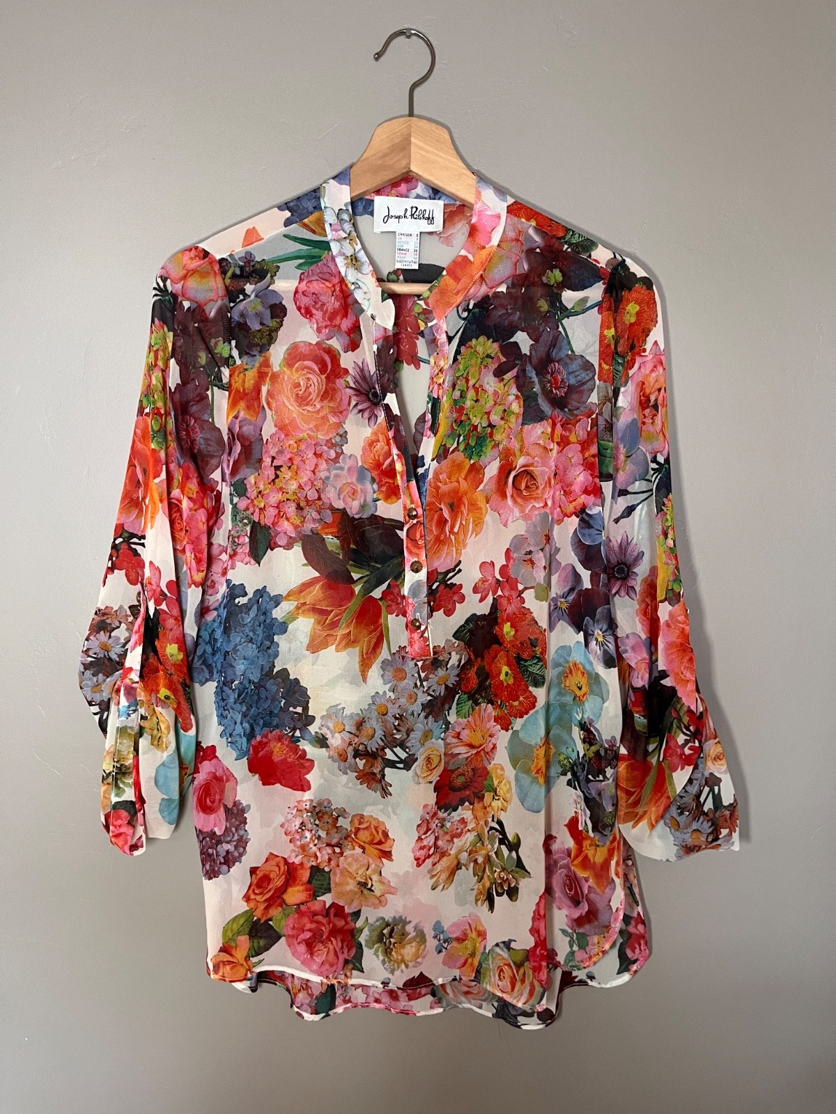 90’s Joseph Ribkoff 3/4 Button Up Sheer Floral Womens Blouse, size 6