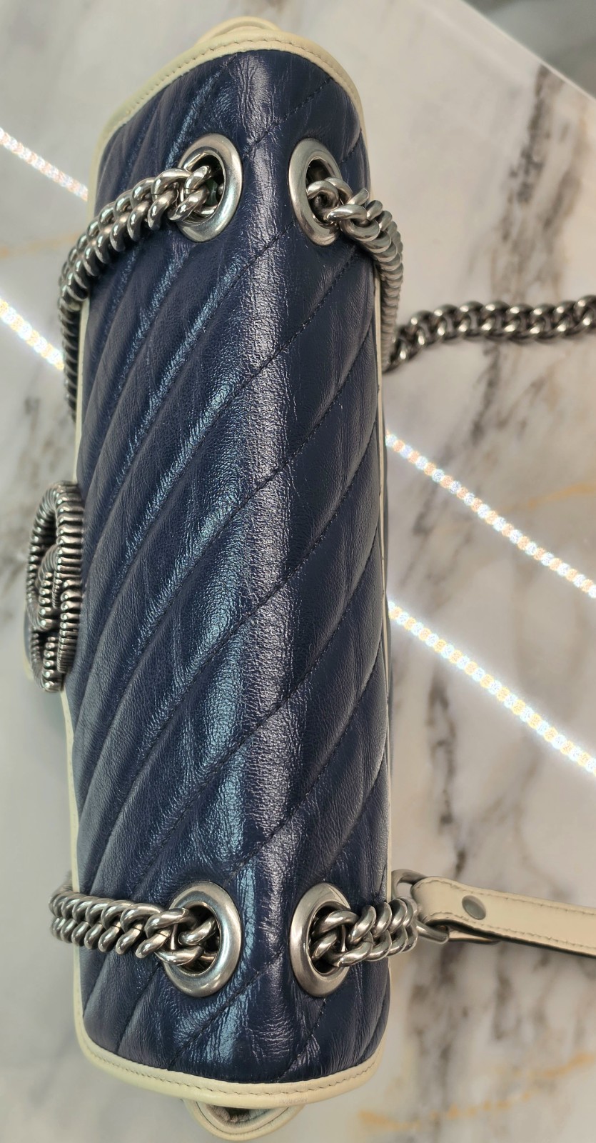 Gucci GG Vintage Effect Marmont Blue Chevron Matelasse Shoulder Bag MSRP: $2,590
