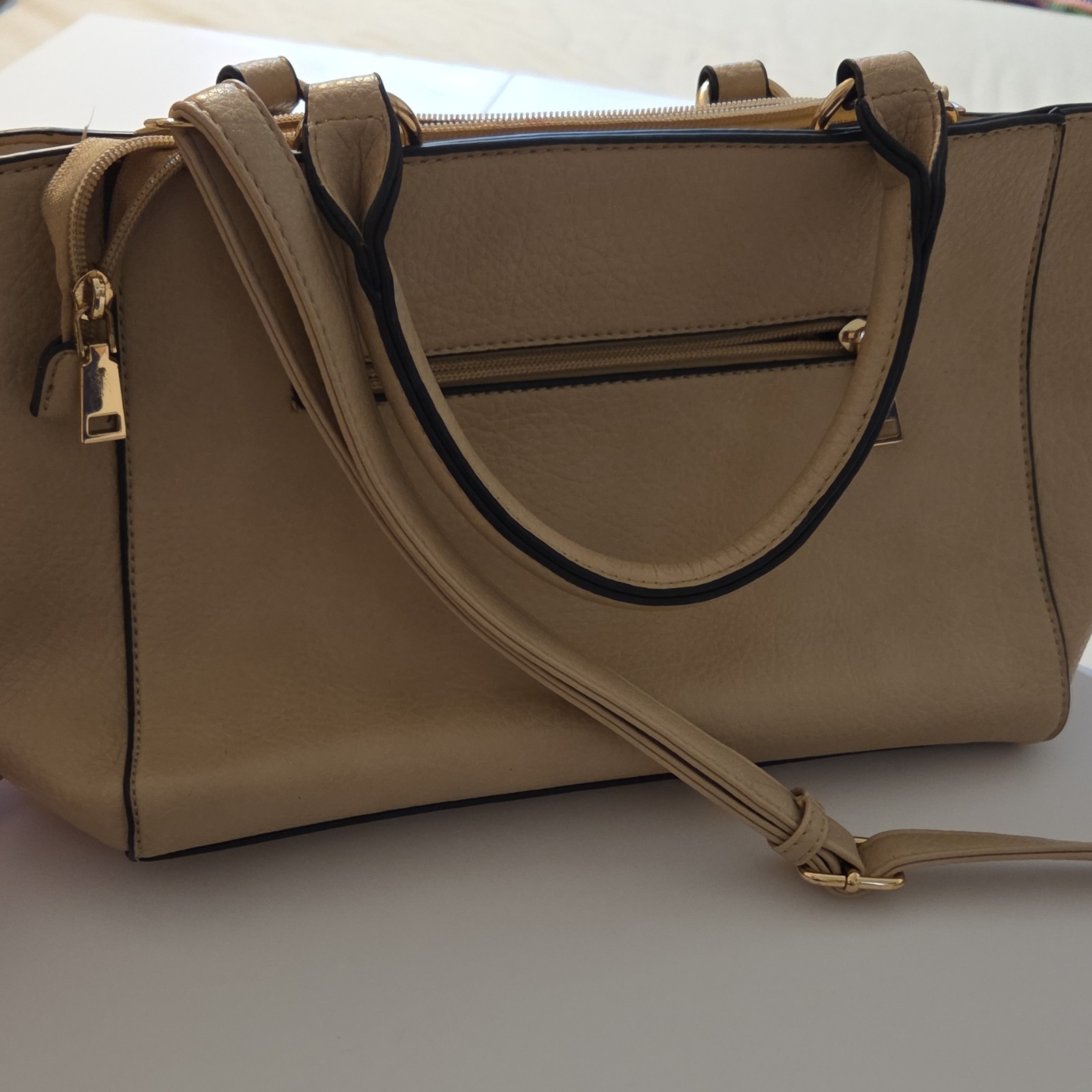 Beige Pebbled Satchel Top Handle Bag Double Handles Zip Turn Lock Strap