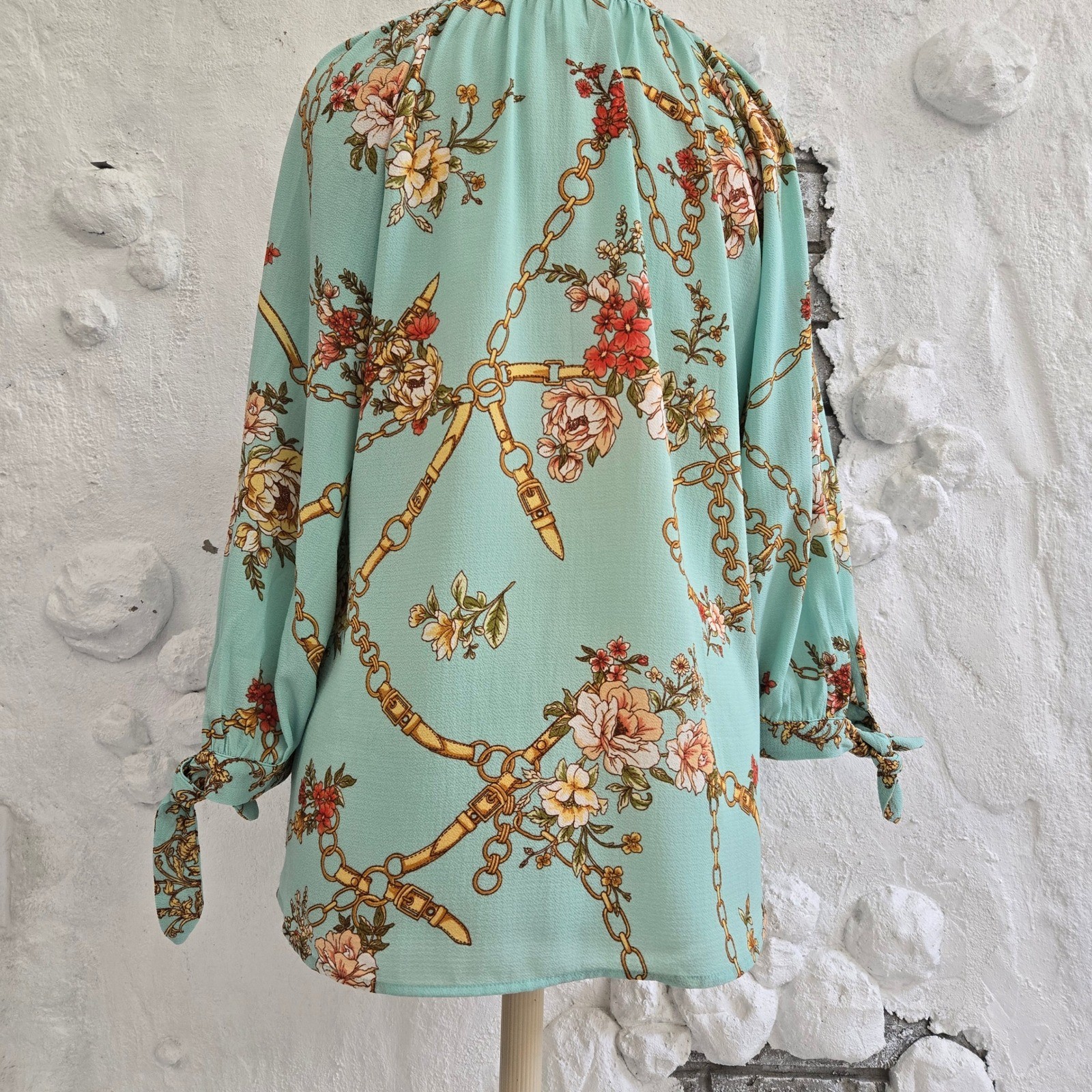 Fig and Flower Peasant Romantic Boho Floral Chain Baroque Tie Cuff Blouse Size M