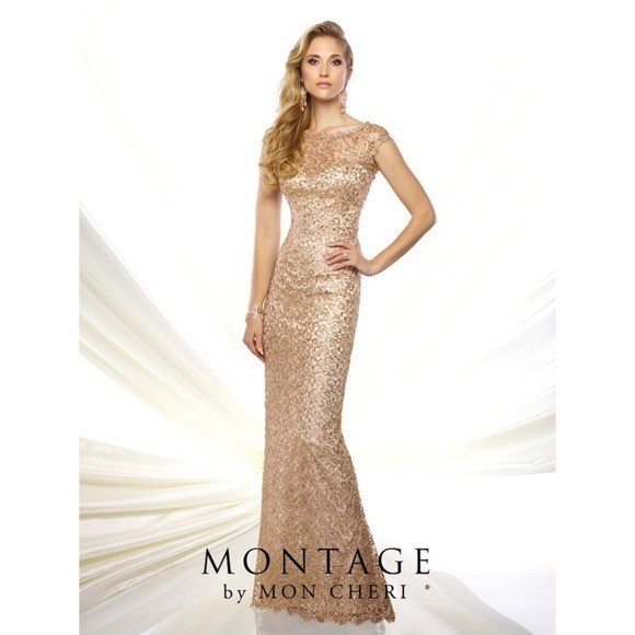 Montage By Mon Cheri Sequin Lace Maxi Evening Gown Dress Golf Sheath Cap Sleeve