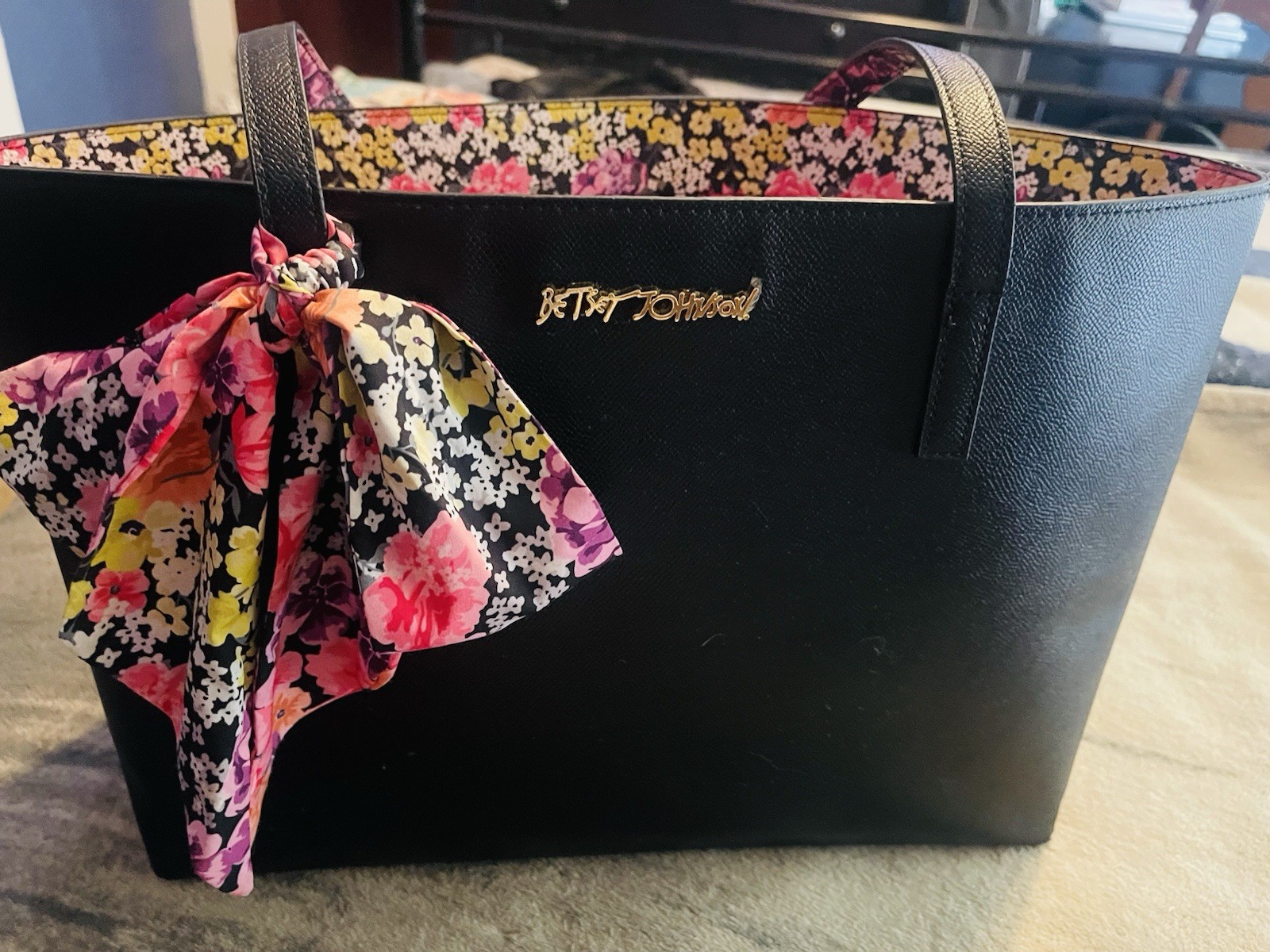 Betsey Johnson Black ,Floral Lined Inner Pockets Bow Gold